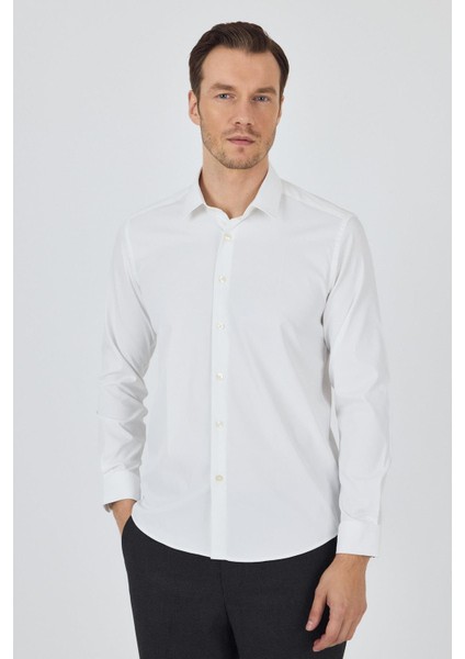 Açık Krem Sert Yaka Cepsiz Gabardin Uzun Kol Slim Fit Esnek Gömlek 1004250234