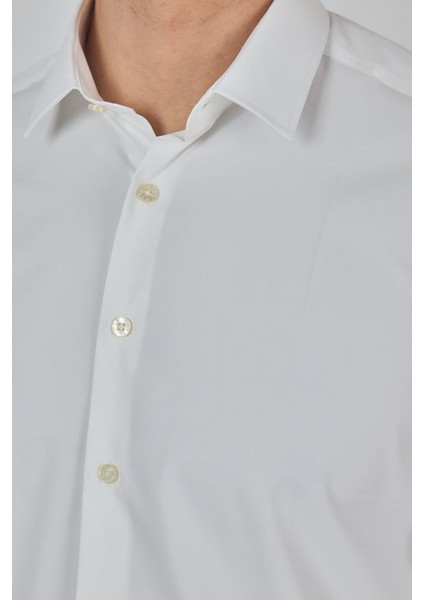 Açık Krem Sert Yaka Cepsiz Gabardin Uzun Kol Slim Fit Esnek Gömlek 1004250234