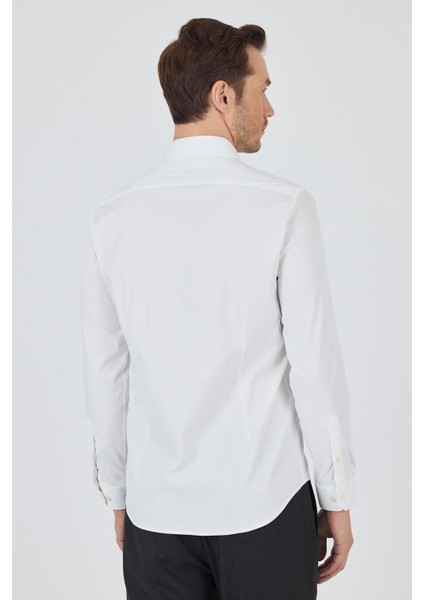Açık Krem Sert Yaka Cepsiz Gabardin Uzun Kol Slim Fit Esnek Gömlek 1004250234
