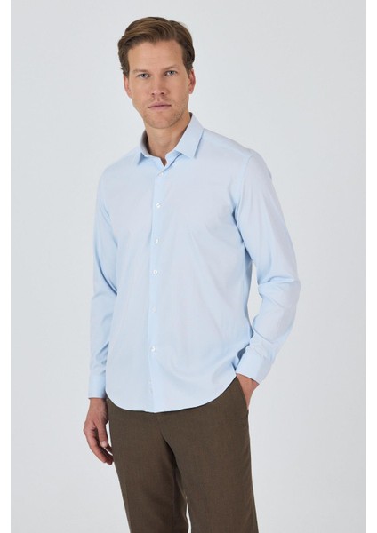 Koyu Mavi Sert Yaka Cepsiz Gabardin Uzun Kol Slim Fit Esnek Gömlek 1004250234