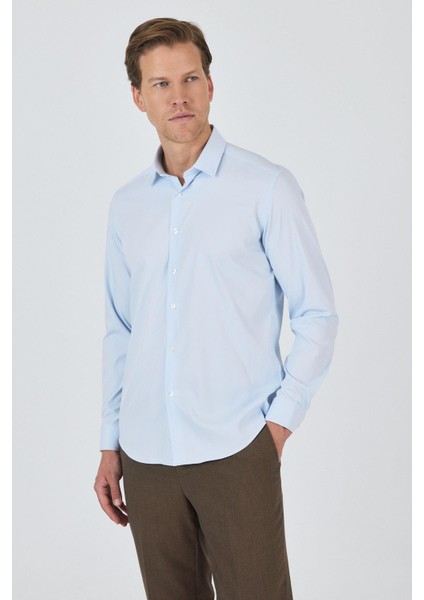 Koyu Mavi Sert Yaka Cepsiz Gabardin Uzun Kol Slim Fit Esnek Gömlek 1004250234 modelleri