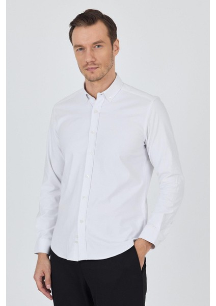 Uzun Kol Düz Bez Ayağı Düğmeli Yaka Cepsiz Pamuklu Casual Slim Fit Gömlek 1004250212