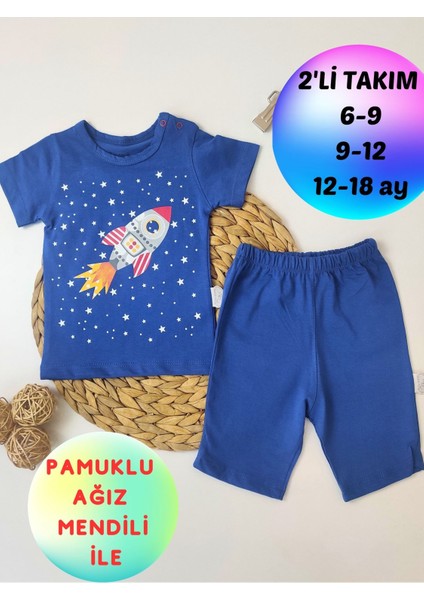 2'li Erkek Bebek Takım Indigo Roketli Şortlu 3-6-9-12 Ay Bebek Takımları Kıyafetleri Bebek Giyim