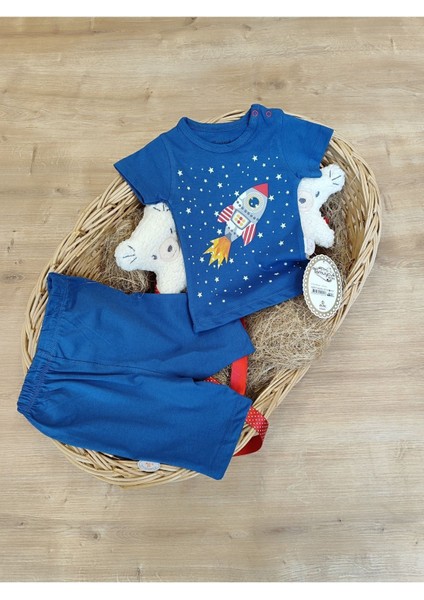 2'li Erkek Bebek Takım Indigo Roketli Şortlu 3-6-9-12 Ay Bebek Takımları Kıyafetleri Bebek Giyim fırsatları