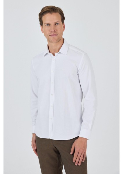 Uzun Kol Desenli Armürlü Sert Yaka Cepsiz Pamuklu Classic Slim Fit Gömlek 1004250194