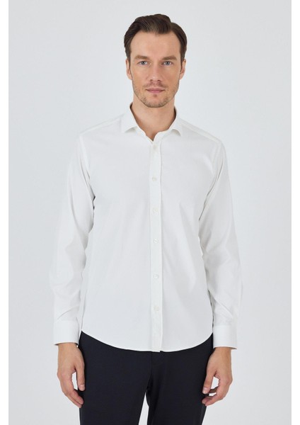 Ekru Yarım Italyan Yaka Cepsiz Gabardin Uzun Kol Slim Fit Esnek Gömlek 1004250235