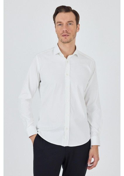 Ekru Yarım Italyan Yaka Cepsiz Gabardin Uzun Kol Slim Fit Esnek Gömlek 1004250235
