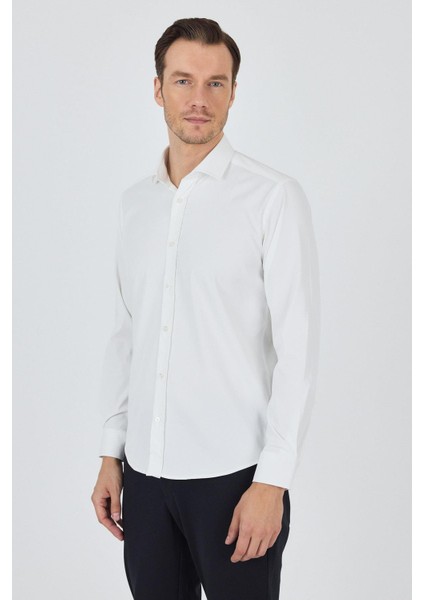 Ekru Yarım Italyan Yaka Cepsiz Gabardin Uzun Kol Slim Fit Esnek Gömlek 1004250235