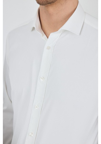 Ekru Yarım Italyan Yaka Cepsiz Gabardin Uzun Kol Slim Fit Esnek Gömlek 1004250235
