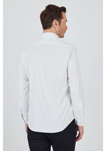 Ekru Yarım Italyan Yaka Cepsiz Gabardin Uzun Kol Slim Fit Esnek Gömlek 1004250235