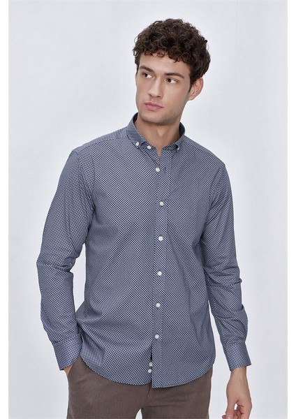 İndigo Mavi Uzun Kol Gömlek Yaka Klasik Slim Fit Pamuklu Likralı Gömlek 1004225207