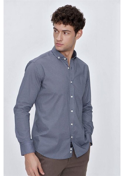 İndigo Mavi Uzun Kol Gömlek Yaka Klasik Slim Fit Pamuklu Likralı Gömlek 1004225207 indirimleri