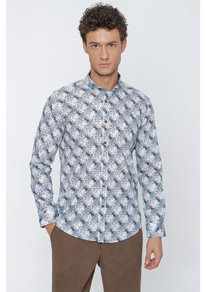 Bej Uzun Kol Baskılı Pamuklu Likralı Slim Fit Dar Kesim Klasik Gömlek 1004225157