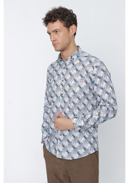 Bej Uzun Kol Baskılı Pamuklu Likralı Slim Fit Dar Kesim Klasik Gömlek 1004225157 modelleri