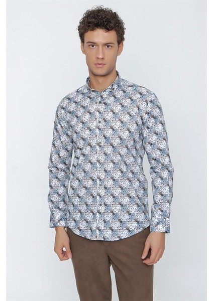 Bej Uzun Kol Baskılı Pamuklu Likralı Slim Fit Dar Kesim Klasik Gömlek 1004225157 fırsatları