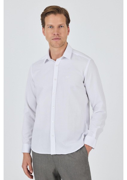 Uzun Kol Desenli Armürlü Sert Yaka Cepsiz Pamuklu Classic Slim Fit Gömlek 1004250208