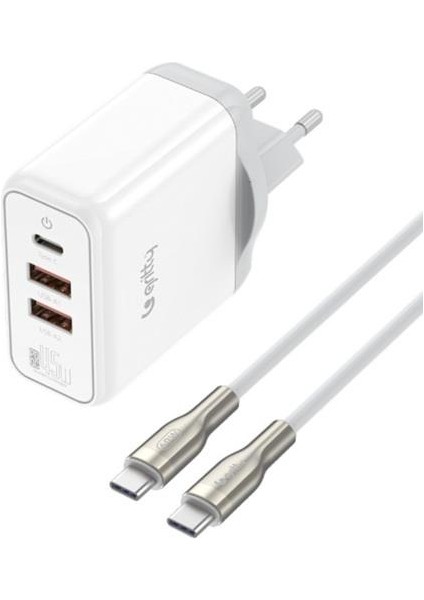 45W 3 Portlu Usb-A1 Usb-A2 Usb-C Hızlı Şarj Aleti Beyaz + Type-C To Type-C Şarj Kablosu (GC-U45CC)