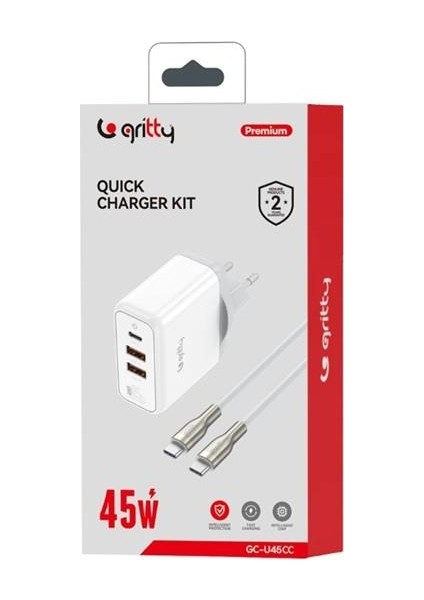 45W 3 Portlu Usb-A1 Usb-A2 Usb-C Hızlı Şarj Aleti Beyaz + Type-C To Type-C Şarj Kablosu (GC-U45CC)