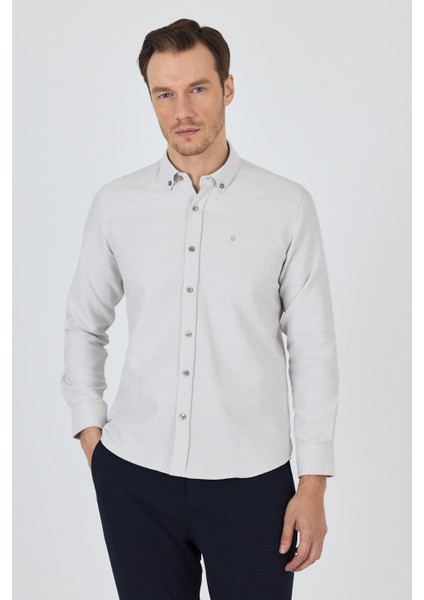 Uzun Kol Desenli Armürlü Düğmeli Yaka Cepsiz Pamuklu Classic Slim Fit Gömlek 1004250205