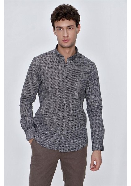 Koyu Kahverengi Uzun Kol Gömlek Yaka Klasik Slim Fit Pamuklu Gömlek 1004225223