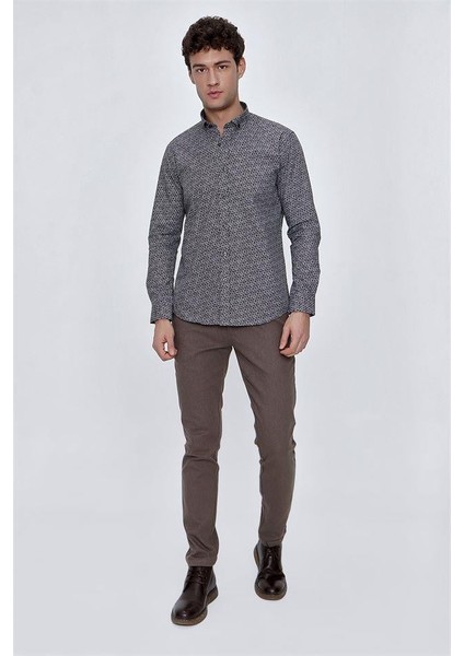 Koyu Kahverengi Uzun Kol Gömlek Yaka Klasik Slim Fit Pamuklu Gömlek 1004225223 fiyatları