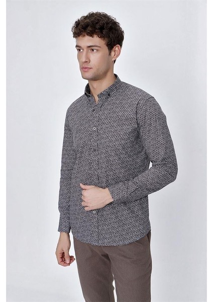Koyu Kahverengi Uzun Kol Gömlek Yaka Klasik Slim Fit Pamuklu Gömlek 1004225223 fırsatları