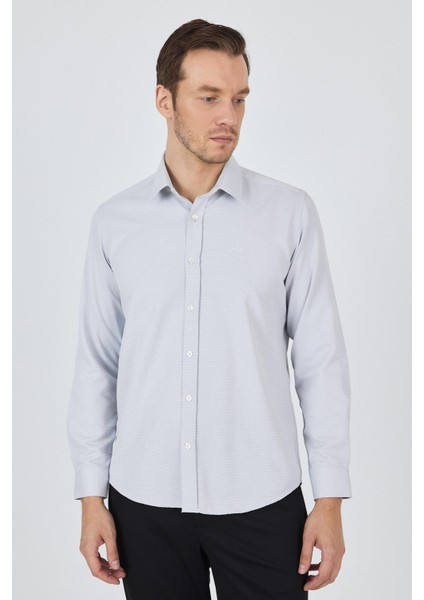 Uzun Kol Desenli Armürlü Sert Yaka Cepsiz Pamuklu Classic Slim Fit Gömlek 1004250184