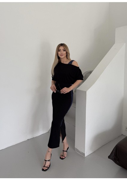 Buketli Kadın Şerit Detaylı Tek Omzu Açık Bluz ve Beli Lastikli Etekli Ikili Takım fırsatları