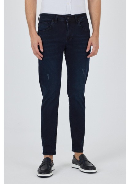 Koyu Lacivert Gabardin 5 Cep Düz Paça Casual Slim Fit Pamuklu Denim Pantolon 1023250150