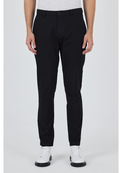 Siyah Armürlü Yan Cep Düz Paça Slim Fit Pamuklu Casual Chino Pantolon 1003250120