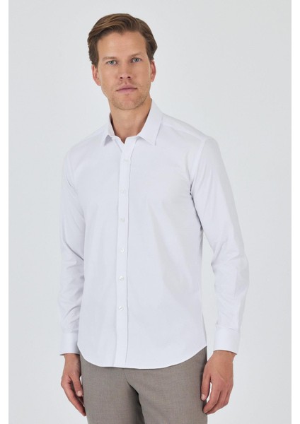 Uzun Kol Düz Bez Ayağı Sert Yaka Cepsiz Pamuklu Classic Slim Fit Gömlek 1004250195