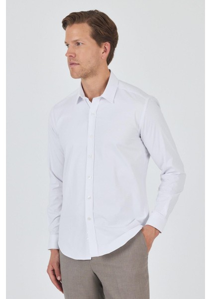 Uzun Kol Düz Bez Ayağı Sert Yaka Cepsiz Pamuklu Classic Slim Fit Gömlek 1004250195