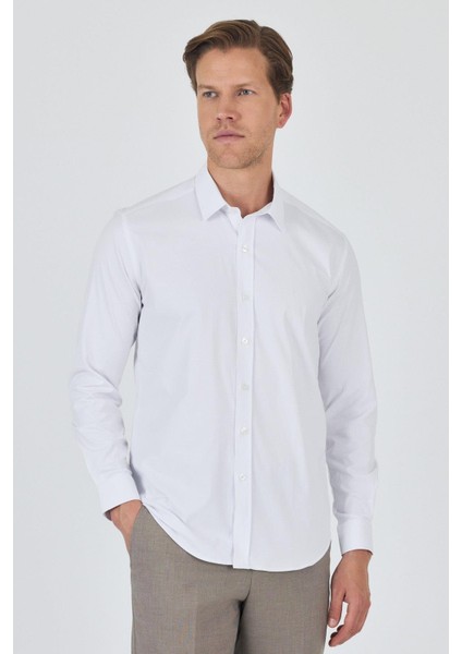 Uzun Kol Düz Bez Ayağı Sert Yaka Cepsiz Pamuklu Classic Slim Fit Gömlek 1004250195