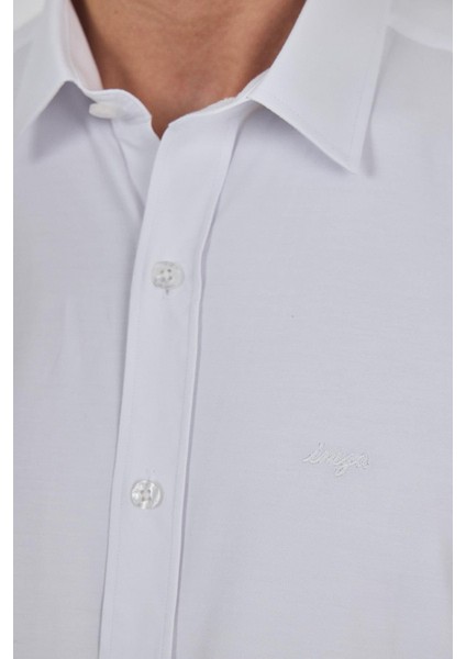 Uzun Kol Düz Bez Ayağı Sert Yaka Cepsiz Pamuklu Classic Slim Fit Gömlek 1004250195