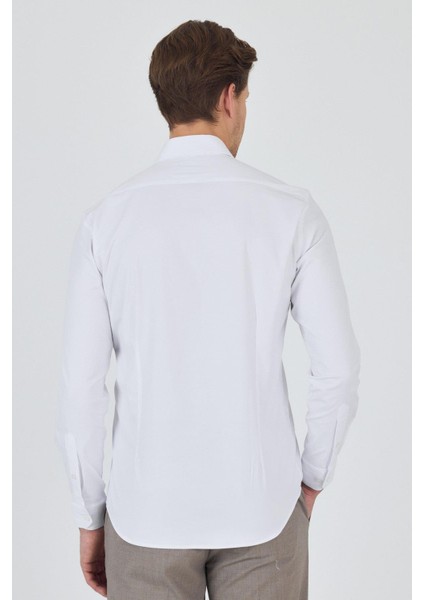 Uzun Kol Düz Bez Ayağı Sert Yaka Cepsiz Pamuklu Classic Slim Fit Gömlek 1004250195