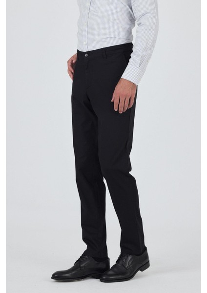 Siyah Gabardin Yan Cep Düz Paça Comfort Fit Pamuklu Casual Chino Pantolon 1003250121