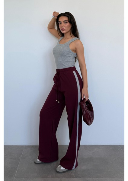 Bordo Şerit Detaylı Bol Paça Kadın Pantolon MG2441