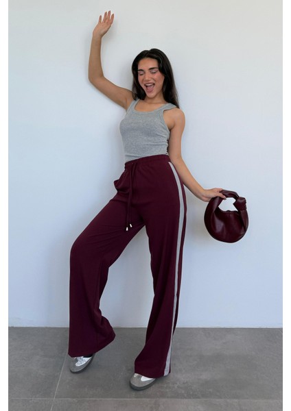Bordo Şerit Detaylı Bol Paça Kadın Pantolon MG2441