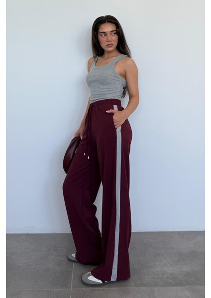 Bordo Şerit Detaylı Bol Paça Kadın Pantolon MG2441
