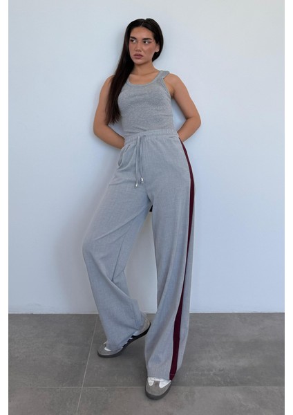 Gri Şerit Detaylı Bol Paça Kadın Pantolon MG2441