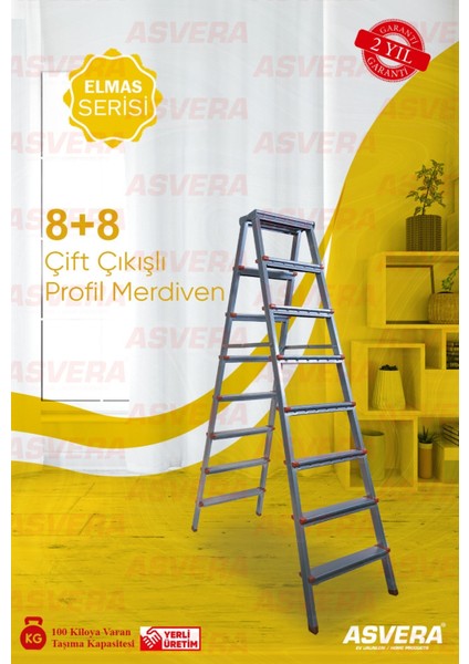Elmas Serisi - 8+8 Basamaklı Çift Çıkışlı Galvanizli Profil Merdiven (Ev, Bahçe, İşyeri İçin Uygun)