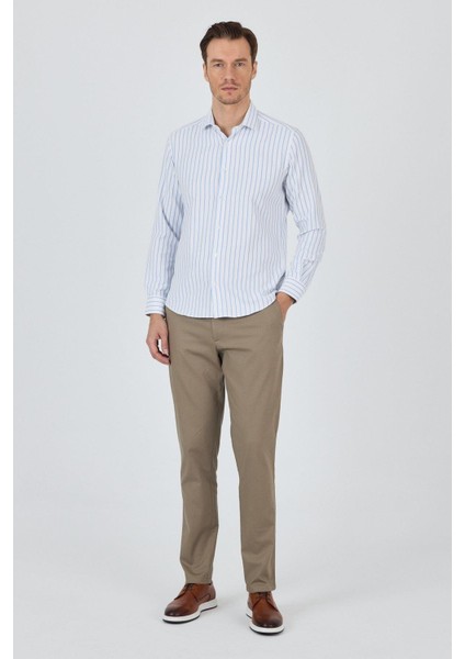 Koyu Mavi Yarım Italyan Yaka Çizgili Desen Casual Slim Fit Gömlek 1004250216 fiyatları