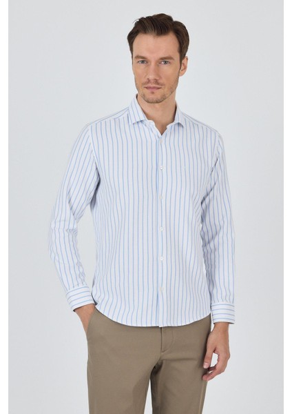 Koyu Mavi Yarım Italyan Yaka Çizgili Desen Casual Slim Fit Gömlek 1004250216 modelleri