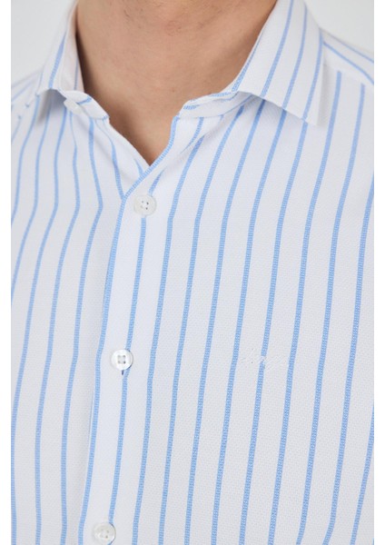 Koyu Mavi Yarım Italyan Yaka Çizgili Desen Casual Slim Fit Gömlek 1004250216 fırsatları