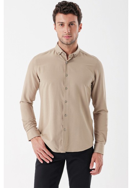 Bej Uzun Kollu Çizgili Gofreli Cepsiz Klasik Slim Fit Dar Kesim Gömlek 1004230233