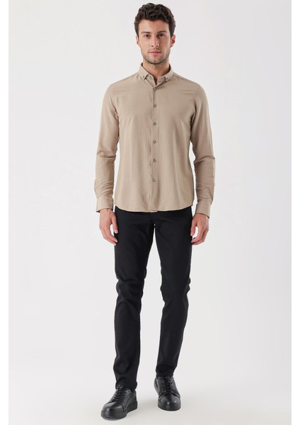Bej Uzun Kollu Çizgili Gofreli Cepsiz Klasik Slim Fit Dar Kesim Gömlek 1004230233 fiyatları