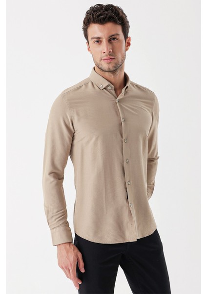 Bej Uzun Kollu Çizgili Gofreli Cepsiz Klasik Slim Fit Dar Kesim Gömlek 1004230233 indirimleri