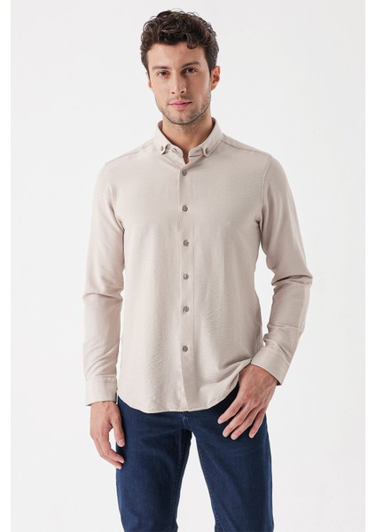 Açık Bej Uzun Kollu Çizgili Gofreli Cepsiz Klasik Slim Fit Dar Kesim Gömlek 1004230233 fiyatları