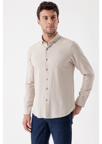 Açık Bej Uzun Kollu Çizgili Gofreli Cepsiz Klasik Slim Fit Dar Kesim Gömlek 1004230233 modelleri