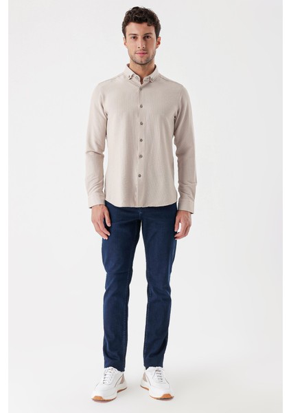 Açık Bej Uzun Kollu Çizgili Gofreli Cepsiz Klasik Slim Fit Dar Kesim Gömlek 1004230233 fırsatları